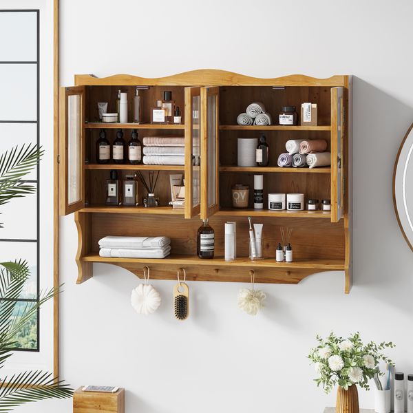 Sideboard aus Massivholz und Glas, 4 Türen, Hakenleiste, herausnehmbare Böden,vielseitiger Organizer,Naturfarbe