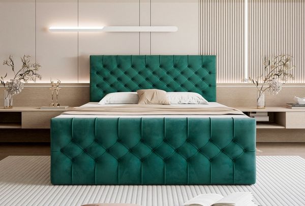 Goldstoff Boxspringbett TAURIEL mit Federkernmatratze & Topper, zwei Bettkästen (von 120 bis 200x200 cm), modernes Doppelbett aus Velvet Stoff mit edlem Kopfteil
