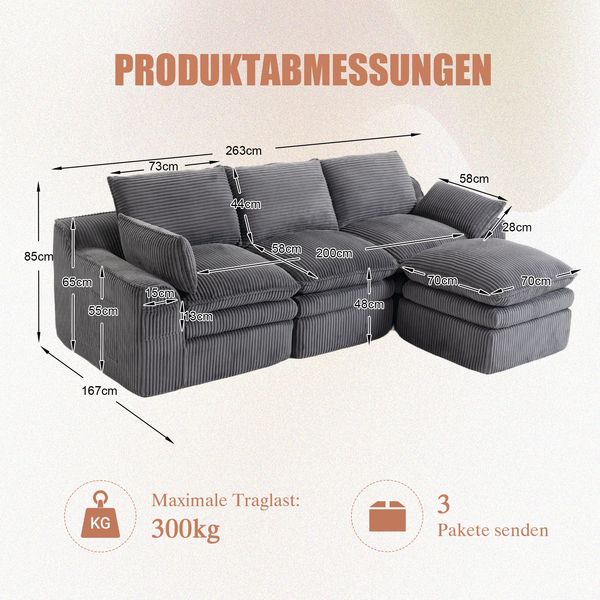 3-Sitzer Sofa aus Cord, modular mit Hocker & Seitentaschen, 263 x 167 x 85 cm, Dunkelgrau Bild 6