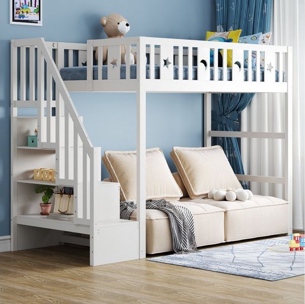 Flieks Hochbett Kinderbett 90x200cm mit Stauraumtreppe, Rausfallschutz und Lattenrost