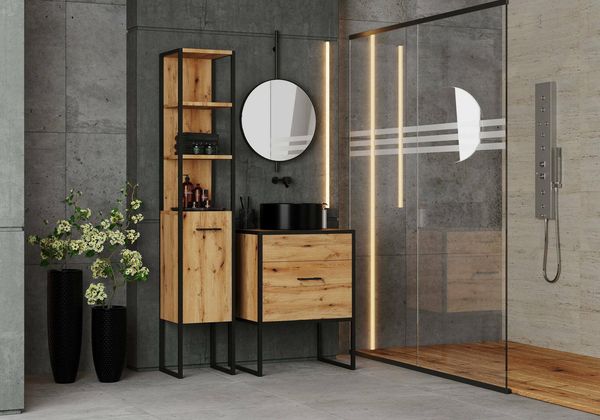 Dmora - Säulenschrank Bedzin, Schrank für Badezimmer oder Küche, Multifunktionaler Hochschrank, Mehrzweckschrank, 33x33 h180 cm, Eiche und Schwarz