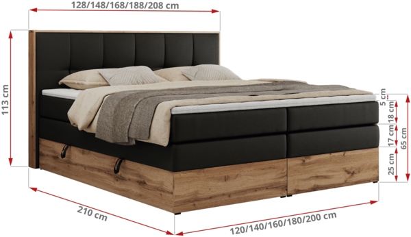 Boxspringbett, Doppelbett mit zwei 7 Härtezonen Multipocket-Matratzen, Bettkästen, Eiche Wotan Holzrahmen, Polsterbett mit Topper-Matratze - ALBERO 1 KING - 180 x 200 cm - Schwarz Kunstleder - H3 Bild 6
