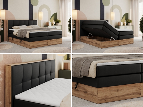 Boxspringbett, Doppelbett mit zwei 7 Härtezonen Multipocket-Matratzen, Bettkästen, Eiche Wotan Holzrahmen, Polsterbett mit Topper-Matratze - ALBERO 1 KING - 180 x 200 cm - Schwarz Kunstleder - H3 Bild 2