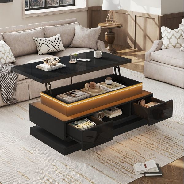 REDOM Couchtisch Höhenverstellbarer Tisch mit LED & verstecktem Stauraum (Sofatisch, kaffeetisch, Wohnzimmertisch, 1-St, 100x50x40 cm, Hochglanz, mit 2 Schubladen & USB-Anschluss), Multifunktional als Couchtisch, Beistell- oder Sofatisch nutzbar