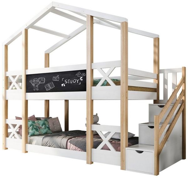 SOFTWEARY Etagenbett (Kinderbett mit 2 Schlafgelegenheiten, Lattenrost und Treppe, 90x200 cm), Hausbett inkl. Rausfallschutz, Kiefer