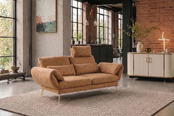KAWOLA Funktionssofa HOLLY 2-Sitzer 1 Kopfstütze Stoff cognac 90 x 92 x 176 cm