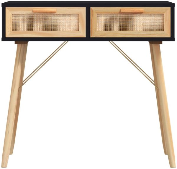Konsolentisch, Beistelltisch, Konsole Schwarz 80x30x75cm Massivholz Kiefer Natur-Rattan Bild 4