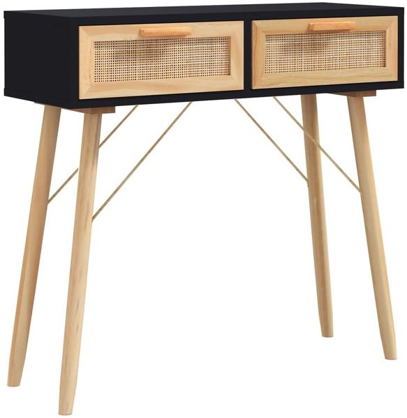 Konsolentisch, Beistelltisch, Konsole Schwarz 80x30x75cm Massivholz Kiefer Natur-Rattan
