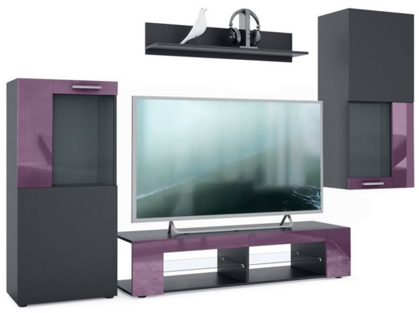 Vladon Wohnwand Movie, Anbauwand bestehend aus 1 TV-Board, 2 Vitrinen und 1 Regal, Schwarz matt/Schwarz matt/Brombeer Hochglanz (Gesamt: 300 x 190 x 39 cm) Bild 4