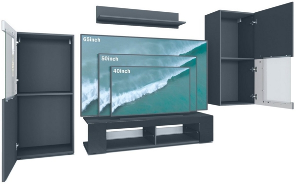 Vladon Wohnwand Movie, Anbauwand bestehend aus 1 TV-Board, 2 Vitrinen und 1 Regal, Schwarz matt/Schwarz matt/Brombeer Hochglanz (Gesamt: 300 x 190 x 39 cm) Bild 2