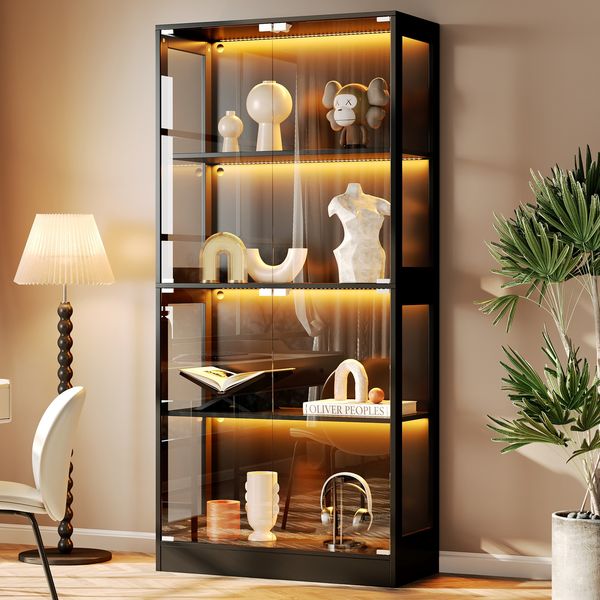 Merax 170 cm LED Vitrine, Glas Sammlungsvitrine Transparent, 4 Ebenen Stauraum, App-gesteuertes LED-Licht, Push-to-Open Türen, Vitrine für Figuren & Modelle, Schwarz