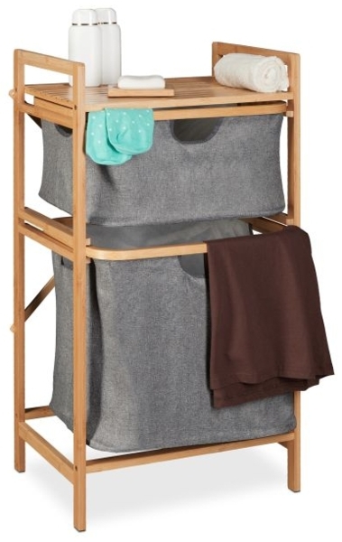 Wäschekorb Bambus, Natur, Grau, 2x Fächer grau