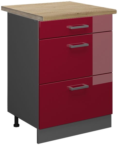 Küchenunterschrank R-Line Rot Hochglanz 60 cm mit Schubladen, AP Eiche Vicco