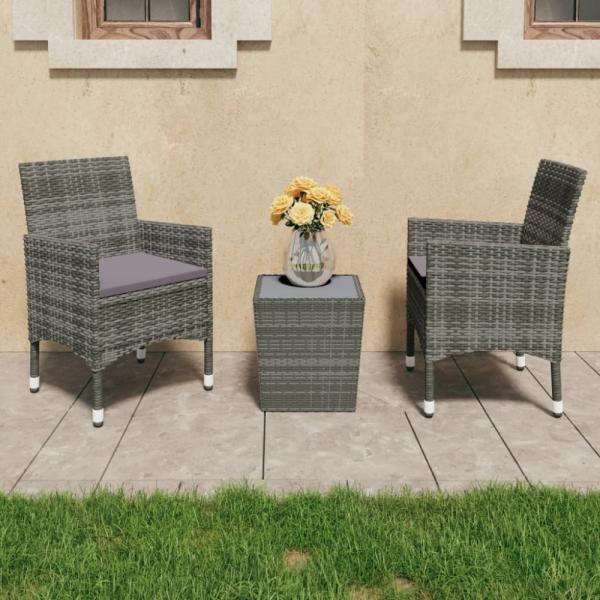 vidaXL 3-tlg. Bistro-Set Poly Rattan und Hartglas Grau 3058359