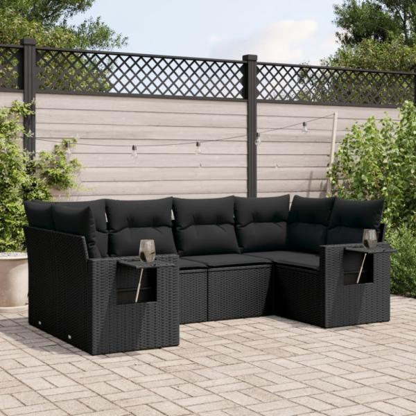 vidaXL 6-tlg. Garten-Sofagarnitur mit Kissen Schwarz Poly Rattan 3220574