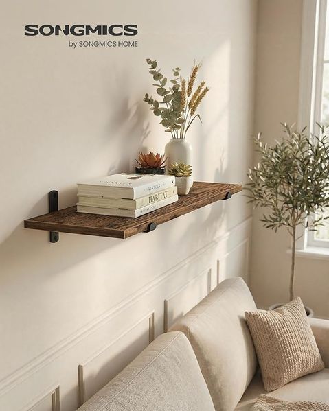 SONGMICS Wandboard aus Holz, modernes Regal, schwebend, für Wohnzimmer, Schlafzimmer, Esszimmer, 20 x 60 x 7 cm, braun-schwarz