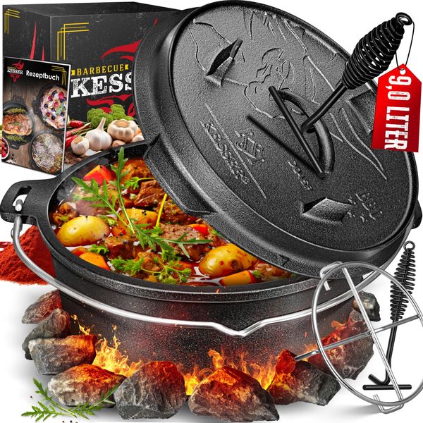 KESSER® Dutch Oven Set BBQ Feuertopf Schmortopf, Gusseisen Topf mit Deckelheber Henkel und Schlitz für Themormeter, kochkessel Grilltopf Gulaschkessel für Oudoor & Indoor Topf ohne Füße, DO9P - 9.0 Liter
