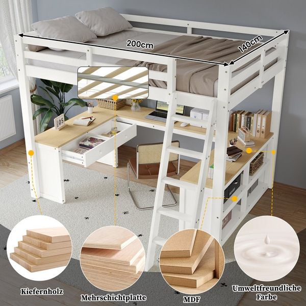 REDOM Kinderbett mit integriertem U-förmigem Schreibtisch, Regal und zwei Schubladen (stabile Holzlattenroste, Kiefer & MDF, Hochbett Jugendbett, 140x200 cm), ohne Matratze