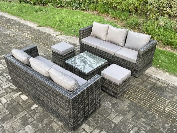 Fimous Rattan Gartenmöbel Set 8-Sitzer Patio Lounge Sofa Set im Freien mit quadratischem Couchtisch 2 Kleine Fußhocker Dunkelgrau Gemischt