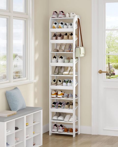 Vertikales Schuhregal, 11 Ebenen Schmale Schuhregale, Holz-Schuh-Organizer für Schrank, Eingang, Schuhturm für Kleine Räume, Freistehend, Verstellbar, mit Haken, 42,5B cm, Weiß