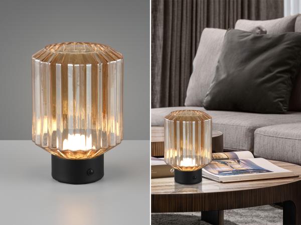 Kleine Akku Tischleuchte LORD mit Glasschirm Bernsteinfarbig, Höhe 19cm