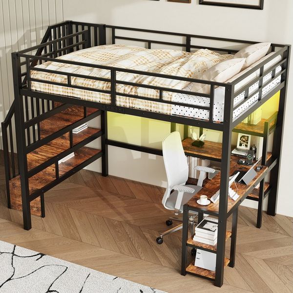 REDOM Hochbett mit Treppe (integriertem Schreibtisch, Staufächern, USB-Ladestation und LED-Licht, 1-St, 255 x 146 x 170.6)