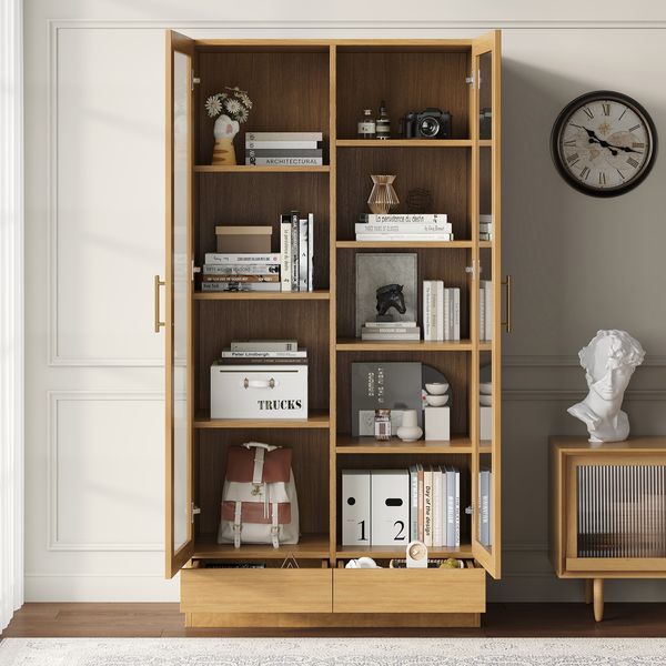 Vitrinenschrank mit Glasfront, Push-To-Open-Schublade & versetzten Fächern, 80x40x160 cm, Holzfarben