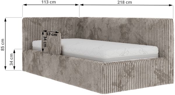 Kinderbett, Polsterbett 90x200 TILVO ALTA mit Rausfallschutz & Bettkasten, Gasdruckfeder-Lift, inkl. Lattenrost, Matratze wählbar - Hellbraun Cord - Rechts Seite Bild 7