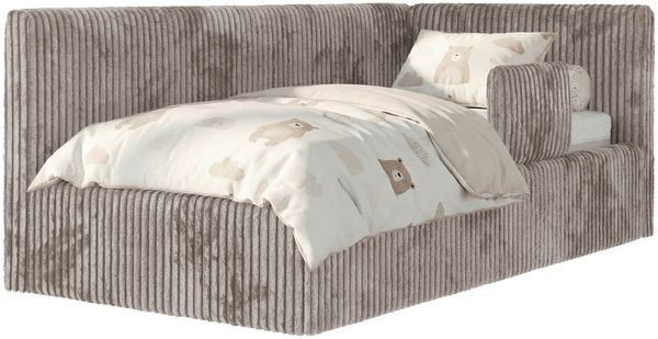 Kinderbett, Polsterbett 90x200 TILVO ALTA mit Rausfallschutz & Bettkasten, Gasdruckfeder-Lift, inkl. Lattenrost, Matratze wählbar - Hellbraun Cord - Rechts Seite Bild 6