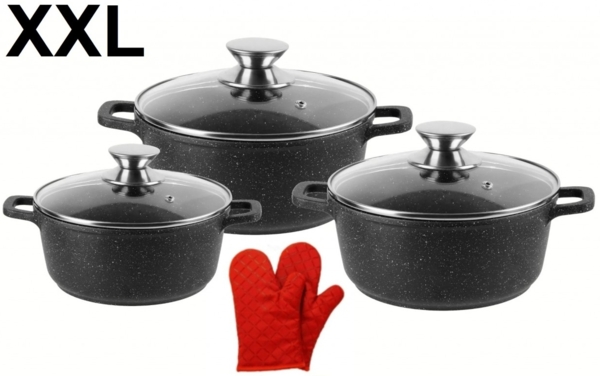 XXL Kochtopf Kasserolle Topf Set 6-tlg schwarz Glasdeckel Cheffinger CF-DCS-02
