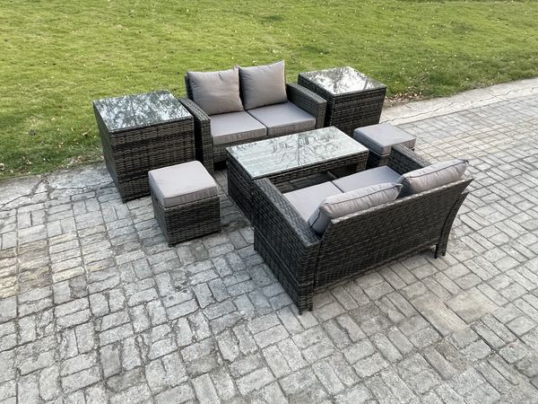 Fimous Hoher Rücken Rattan Gartenmöbel Sets mit Rechteckig Couchtisch 2 Beistelltische 2 Kleiner Fußhocker Dunkelgrau Gemischt