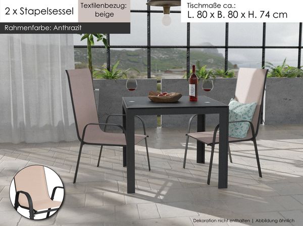 Gartenmöbel Set Alu Tisch 3-tlg. 2x Stapelsessel Gartentisch Essgruppe Gartenset Sitzgruppe Beige
