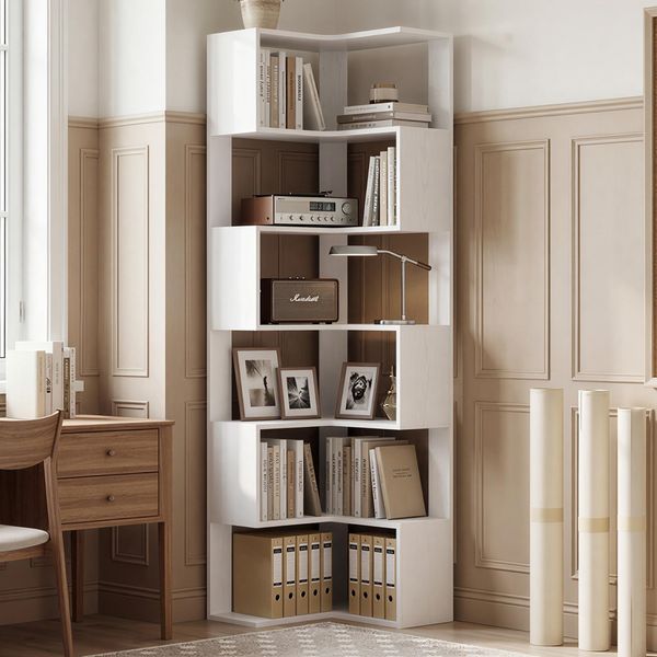 IRONCK Bücherregal 6 Ebenen Eckregal 204cm Hoch L-förmiges Standregal mit Schutzleiste, Holz offenes Regal & Aufbewahrungsregal für Wohnzimmer, Büro, Schlafzimmer, Weiß
