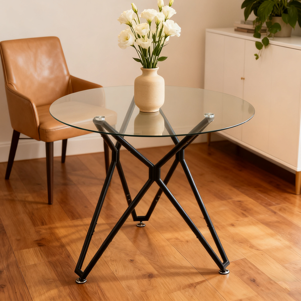 Glastisch Schwarz 90x90 cm, Moderner Esstisch, Küchentisch, Beistelltisch, Metallgestell, Gehärtetes Glas
