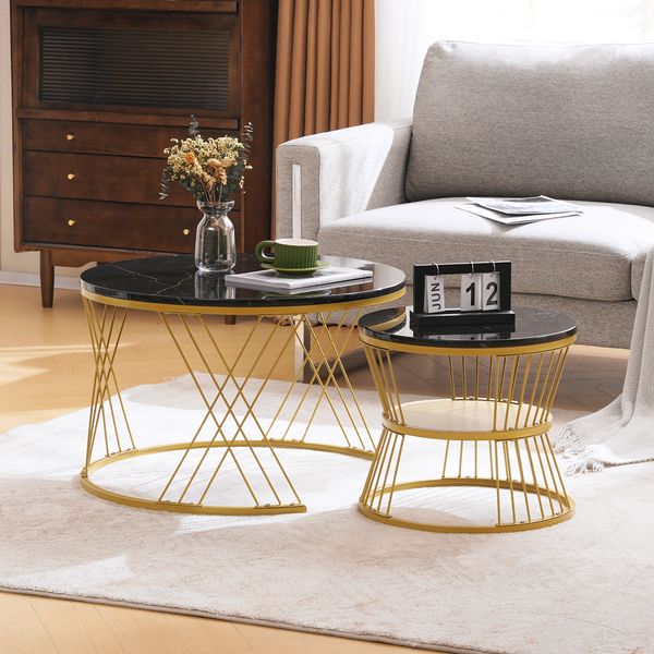 Couchtisch-Set mit Marmormuster & Metallgestell, 2-teilig, 70x70x47/45x45x40 cm, Schwarz-gold