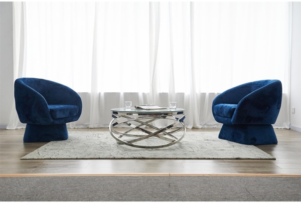 Couchtisch 80 x 80 cm Rund aus Glas mit Designgestell in Silber