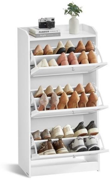 Vasagle Schuhschrank 3 Klappen, Trennwand verstellbar, für bis zu 18 Paar Schuhe, Holz wolkenweiß, 24 x 60 x 108 cm