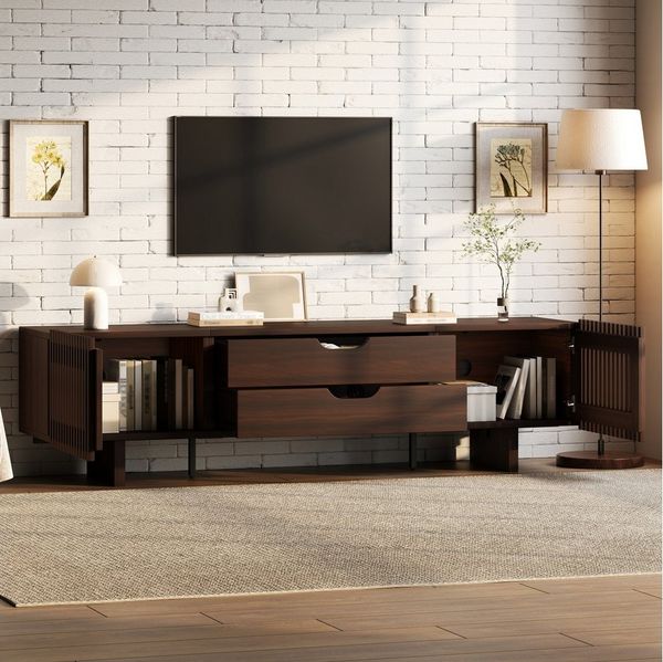 OKWISH TV-Schrank Fernsehschrank 180 x 45 x 40 cm in Nussbaum dunkel (Packung, 1-St, Mit zwei Schubladen & einzigartigen Schranktüren) Für TV bis 75 Zoll, Lowboard fürs Wohnzimmer