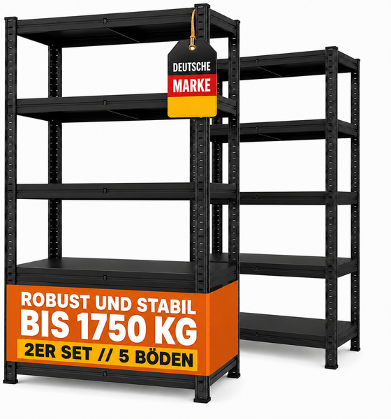 SR2B Premium Schwerlastregal Schwarz – 875 kg belastbar, wasserfest, matte laminierte Böden, 5 verstellbare Ebenen, teilbares Steckregal 180x90x40 cm