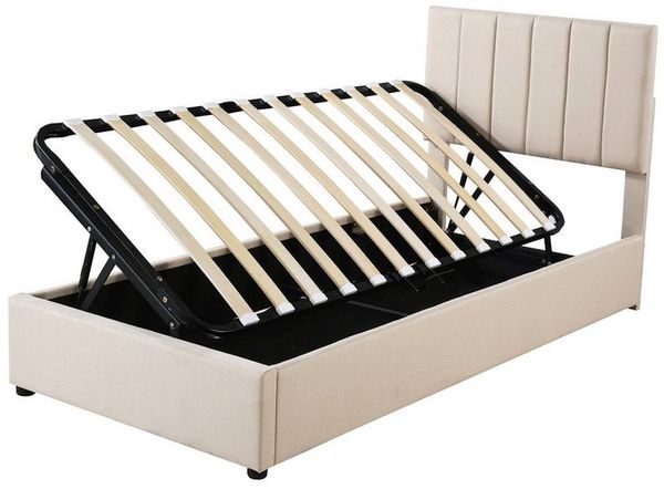 Romance Polsterbett Stauraumbett Kinderbett Hoch Kastenbett, Mit hydraulisches stauraumbett,Leinenstoff,90x200 CM
