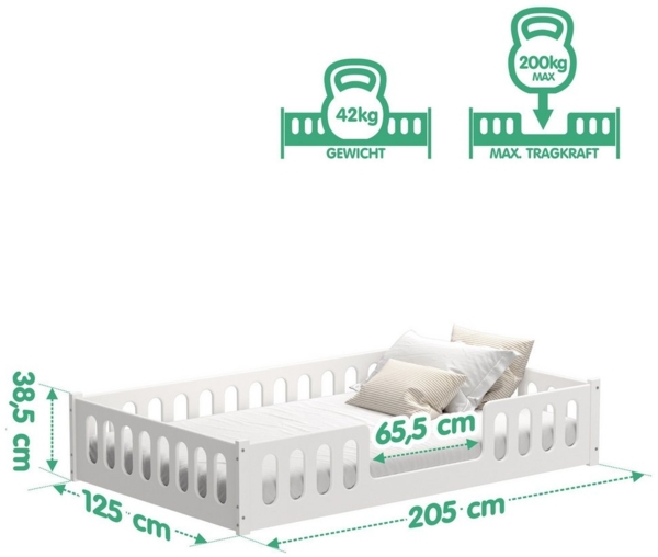CADANI 2in1 Monte Bodenbett 120x200 cm Montessori Kinderbett weiß, Rausfallschutz abnehmbar, 42 kg schwer, bis 200 kg belastbar, extra starker Roll-Lattenrost, umbaubar Bild 2