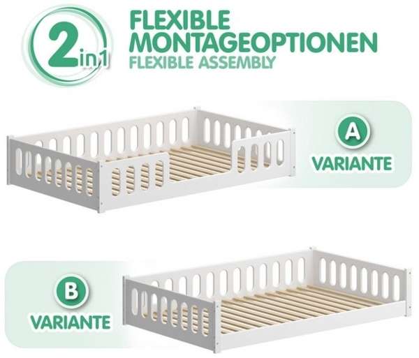 CADANI 2in1 Monte Bodenbett 120x200 cm Montessori Kinderbett weiß, Rausfallschutz abnehmbar, 42 kg schwer, bis 200 kg belastbar, extra starker Roll-Lattenrost, umbaubar Bild 4
