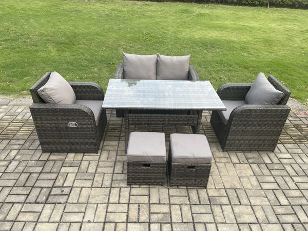 Fimous Outdoor Gartenmöbel-Set 6 Teil Grau Terrassenmöbel Set Terrassen 6 Sitzer Set Outdoor Rechteckiger Tisch und Sesseln