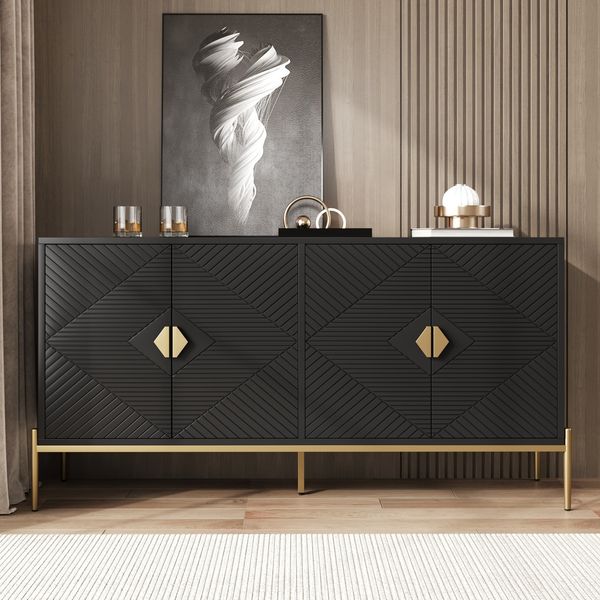 Sideboard 162x40x80 cm in Schwarz mit geometrischem Muster und goldenen Akzenten – modernes Design