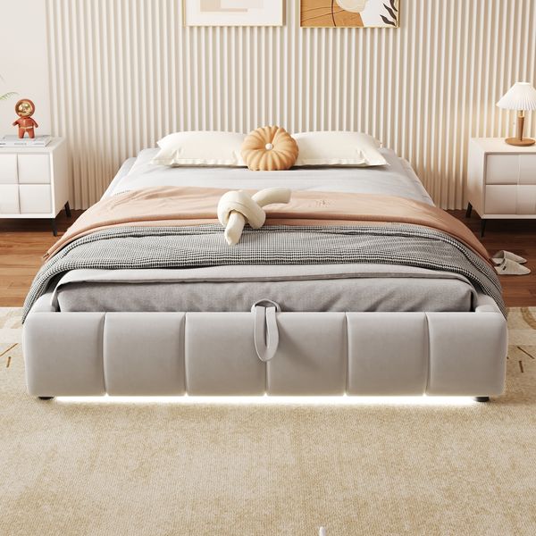 Polsterbett Einzelbett Jugendbett, ohne Kopfteil, LED-Lichtleiste (einfarbig), hydraulischer Schwebebettrahmen mit Stauraum, Stoff Metall, beige, 140 x 200 cm
