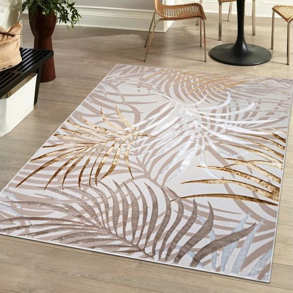 Mazovia Designteppich Modern Teppich für Wohnzimmer- Beige Creme mit Gold, 80 x 150 cm, Glänzende,Palmenzweige Feder,Modern,Höhe 10 mm,Weich,Pflegeleicht