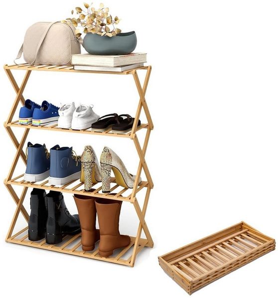 Youyijia Schuhregal Schuhregal, 50×70cm Faltbares Schuhregal Aus Bambus Mit 4 Ebenen