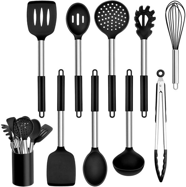 Küchenhelfer Set 10-tlg. Silikon Kochutensilien Edelstahlgriff Schwarz