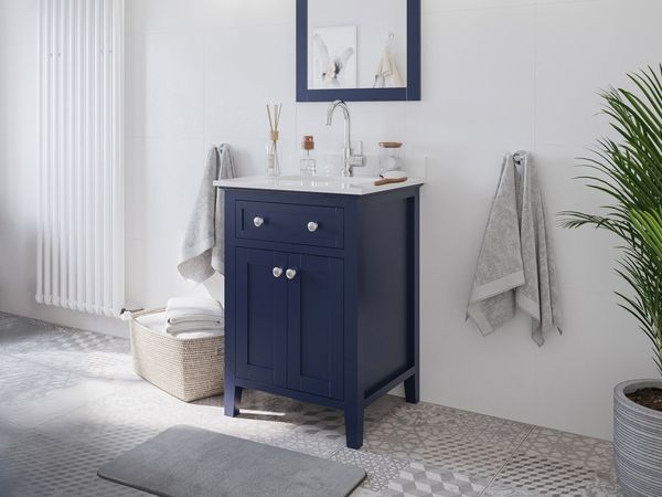 Landhaus Badmöbel Postigo 60 Quarz weiß montiert blau lackiert : Blau lackiert / Quarz weiss