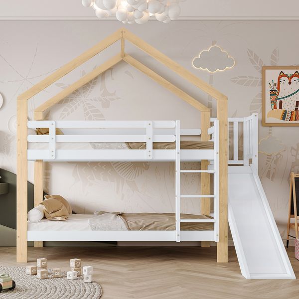 Etagenbett mit Rutsche und dreistufiger Winkelaufstiegsleiter, Hausbett mit mit Absturzsicherung, Kinderbett, Bettrahmen aus Massivholz, Weiß+Natur, 90x200cm [30955960NAA]